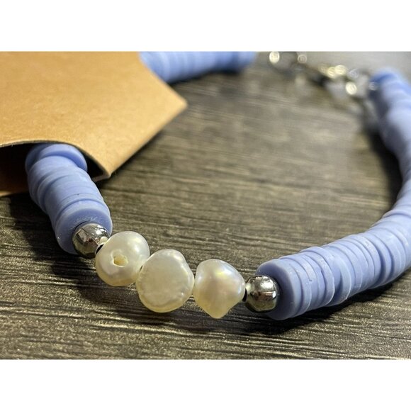 NEW polymer clay mother of pearl bracelet handmade blue silver beaded boho - Picture 6 of 6